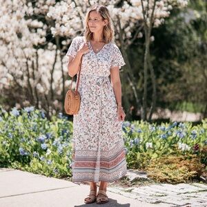Knox Rose Pink & Blue Floral Wrap Midi Dress small